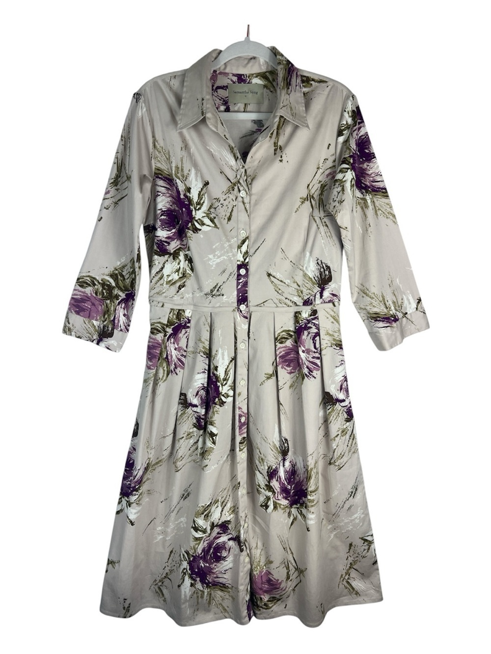 Samantha Sung Sz 12 Dress Floral Button Down Pleated Skirt Purple & Beige Midi